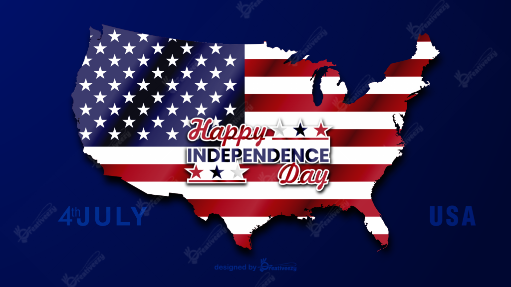 Happy independence day 4th July Map of USA with wavy flag stars and stripes