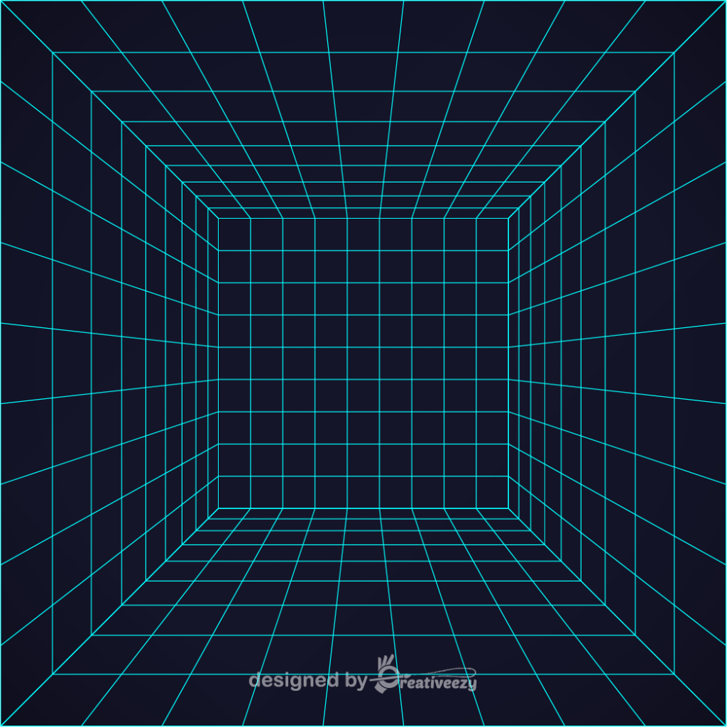 3D cube or room with big perspective grid. Retro futuristic vector illustration grid 10 x 1