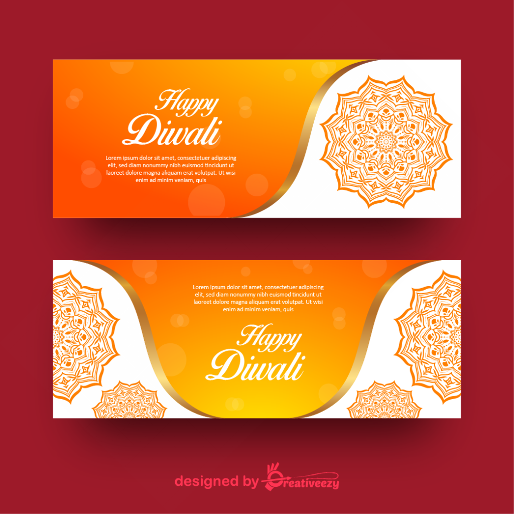 Happy Diwali orange background with diwali flower elements and mandala vectors
