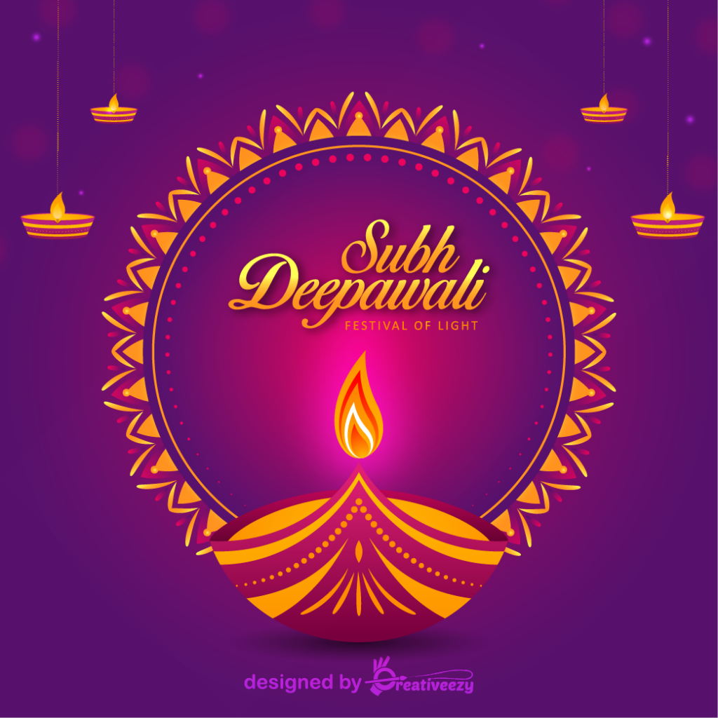 Subh Deepawali Greeting Design purple background with bright diya