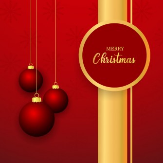 Merry Christmas greeting card design with golden stripes and christmas balls