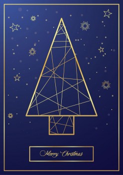 Golden Line Christmas Tree. Festive Greeting Card Design on Dark Blue Background