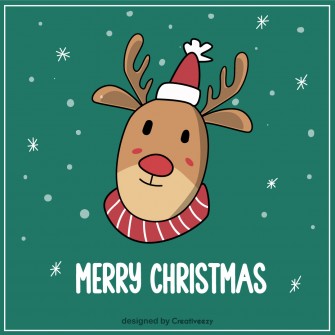 Cute reindeer with christmas hat on green background vector card design