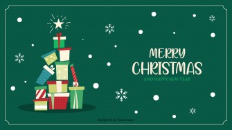 Colorful christmas gifts with falling snow and glowing star on green background card design