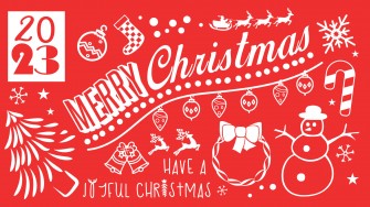 Merry Christmas 2023 festive red background with christmas tree snowman bell and snowflakes