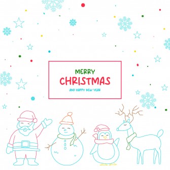 Colorful santa claus snowman and animals line art on white background