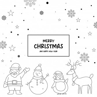 Santa claus snowman and animals black line art on white background