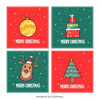 Merry christmas reindeer christmas tree ball and gifts on green and red background
