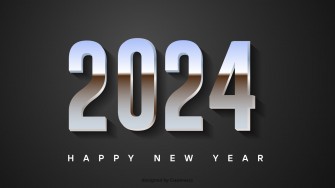 Happy new year wishes 2024 3d reflective metallic text on dark background