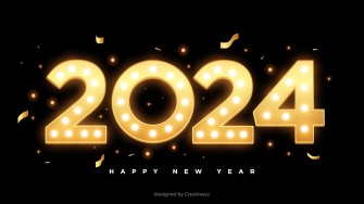 Happy new year wishes 2024 gold glowing text on dark background