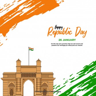 Republic day wishes with gate of india illustration on white background