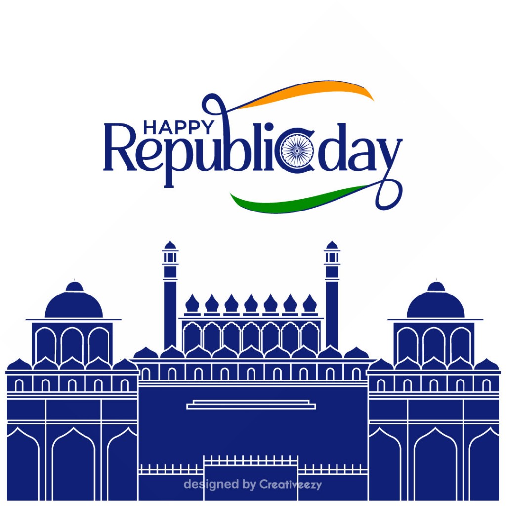 Republic day wishes with red fort illustration on white background