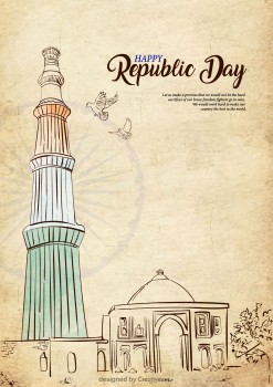 Republic day wishes with qutub minar brown line art vector design