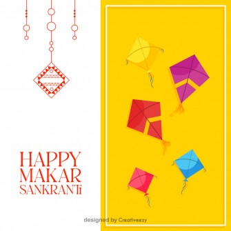 Makarsankranti wishes with colorful kites on yellow white background