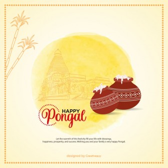 Happy pongal wishes with temple line art on yellow background