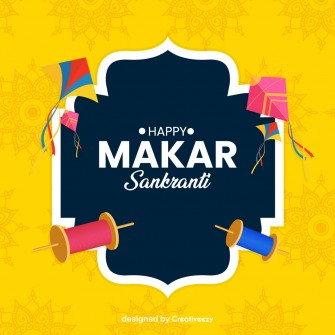 Happy makarsankranti wishes with colorful kites on yellow background