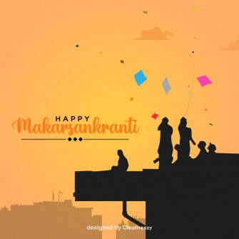 Happy makarsankranti wishes with flying colorful kites on orange sunset background
