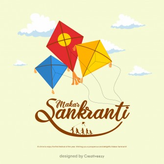 Makar sankranti wishes with colorful kites and clouds on yellow background
