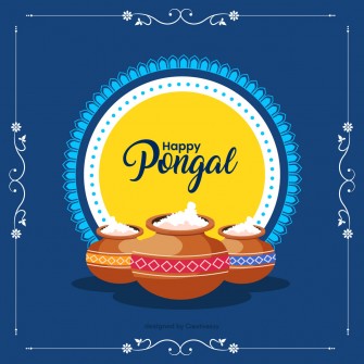 Happy pongal wishes with clay pot vector on blue background
