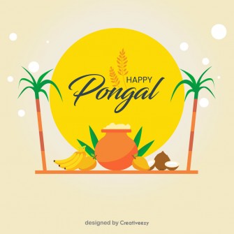 Pongal wishes with fruits pongal dish sugarcane vector on beige background