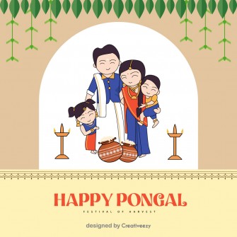 Happy pongal wishes with south indian family vector on brown background