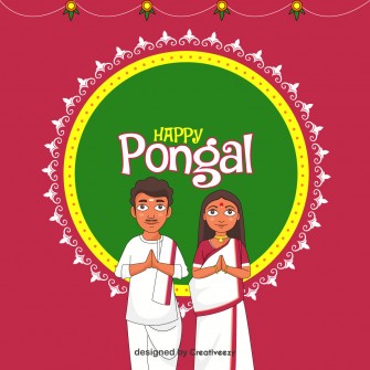 Happy pongal south indian men women illustration on dark pink background