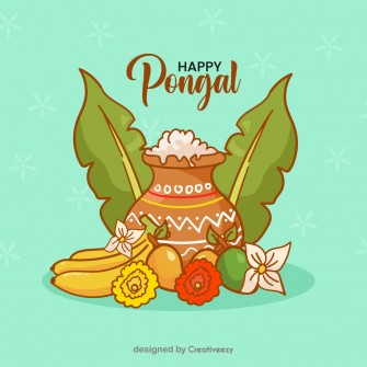 Happy pongal clay pot fruits flower vector on green background