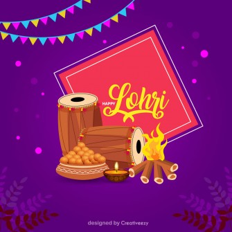 Happy lohri wishes with dhol fire and laddus vector illustration artwork