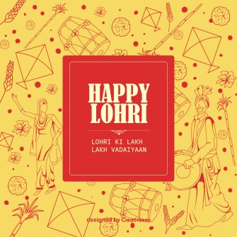 Happy lohri wishes with yellow red lohri elements vector illustration line artwork