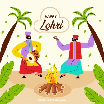 Lohri wishes with man doing bhangra trees leaves flat vector illustration artwork