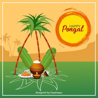 Pongal wishes clay pot pongal dish sugarcane tree vector illustration artwork