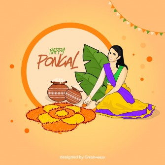 Pongal wishes with girl making rangoli and pongal dish vector illustration