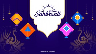 Makar sankranti wishes with colorful kites and peacock golden design vector