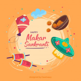 Makar sankranti wishes with hand drawn kites chakri laddus vector artwork
