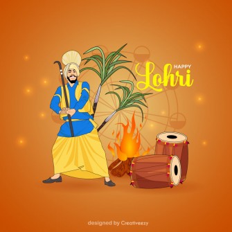 Happy lohri man dancing bhangra and dhol sugar cane vector illustration artwork