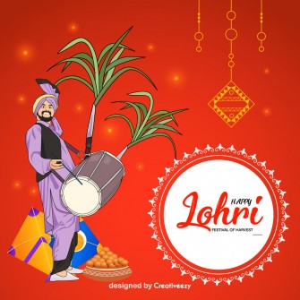 Happy lohri wishes with kites man with dhol laddus vector illustration