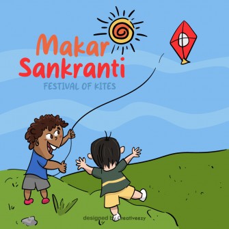 Makar sankranti hand drawn children flying kites vector illustration artwork