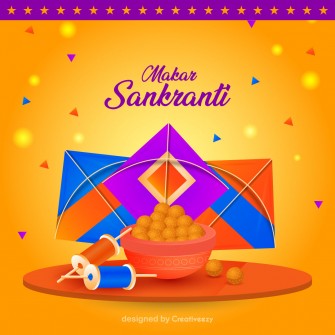 Makar sankranti wishes with kites laddus and chakri illustration vectors