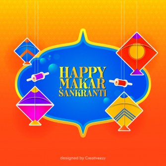 Happy makar sankranti with vibrant kites and chakri