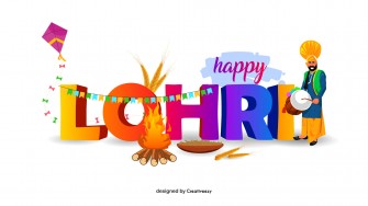 Happy lohri with traditional dhol drumming and bornfire vector