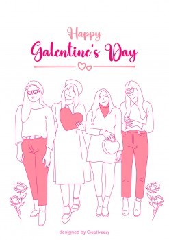 Happy galentines girls line artwork vector design