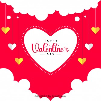 Happy valentines day red white yellow hearts with fluffy clouds vector design