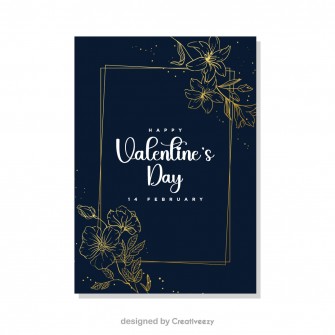 Blue golden flower leaves valentines day card design