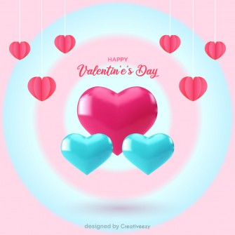 Happy Valentine's Day Greeting Card with Floating Pink and Blue Hearts