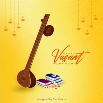 Vibrant Vasant Panchami Celebration with a Veena, Books, and Flowers vectors