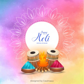 Happy Holi Celebration with Dhol Drums, Flames, and Vibrant Swirls Vector design