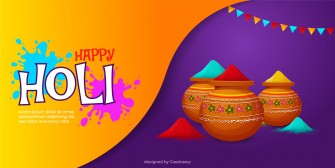 Happy Holi Banner with Overflowing Clay Pots on a Purple Background