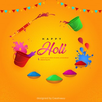 Joyful Holi Wishes Yellow Background, Colorful Powder Buckets, Flags, Balloons vector