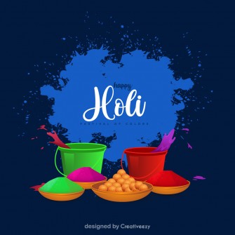 Colorful Bliss Blue Background, Color Powder Buckets, 'Happy Holi, 'Festival of Colors'!