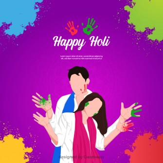 Couple in White Amid Colorful Splash on Pink, 'Happy Holi' in White on Top!